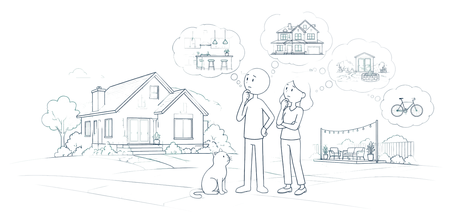 A couple and their cat think about home projects, a larger house, and other meaningful costs before deciding what they can afford.