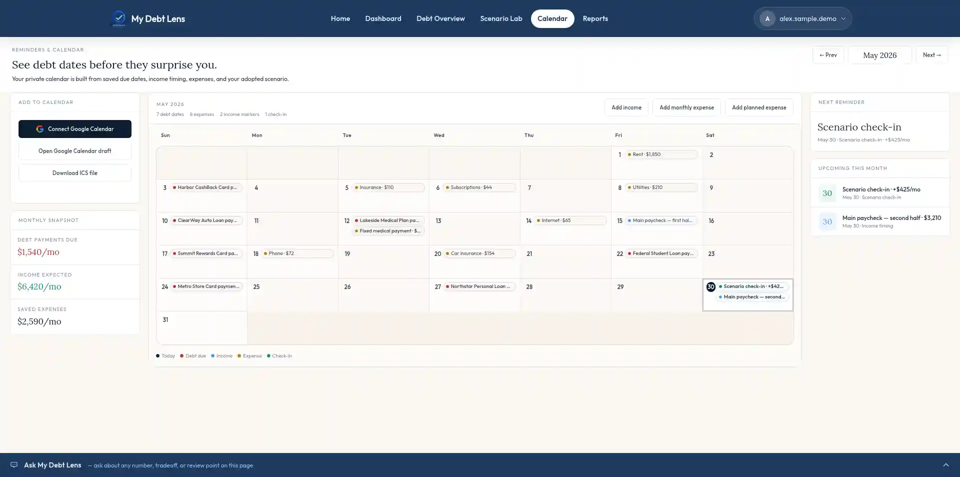 Calendar with debt due dates, expenses, income markers, and scenario check-in reminders.