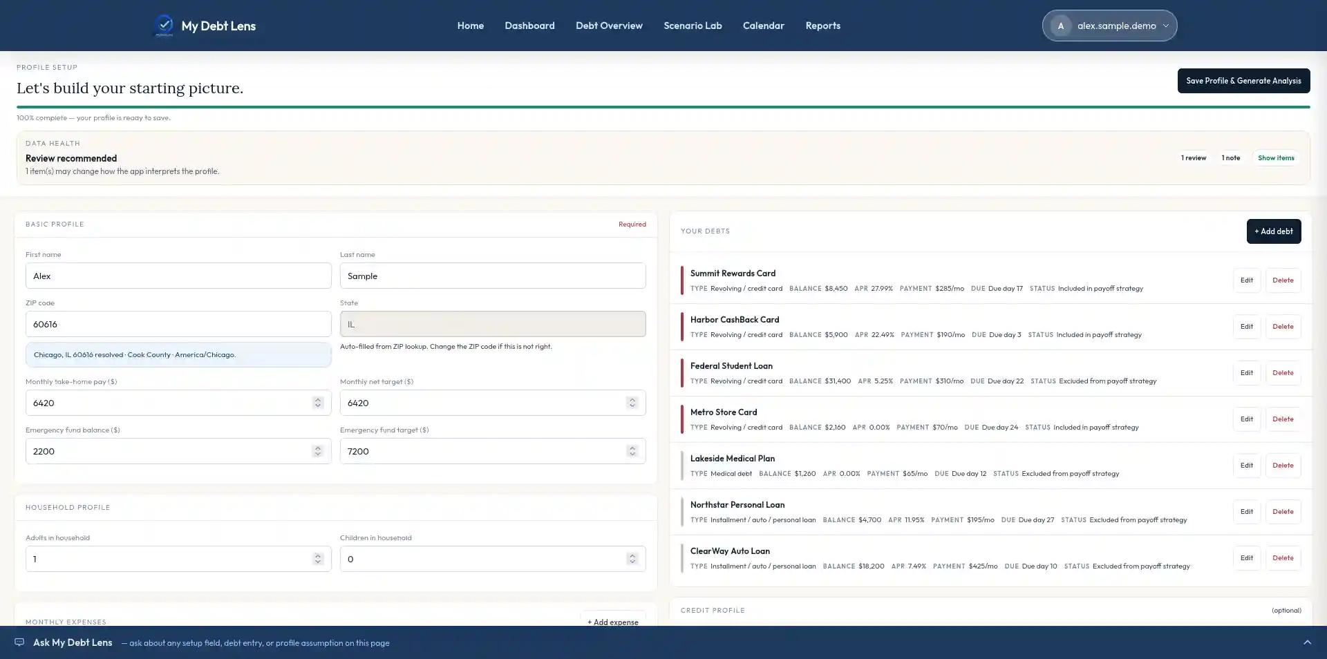 Setup page showing profile fields, debt rows, monthly expenses, credit profile, and privacy controls.